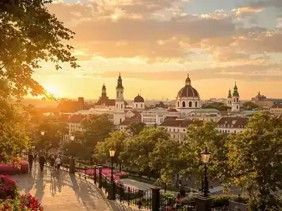 Couples enjoying a beautiful sunset in Vienna.