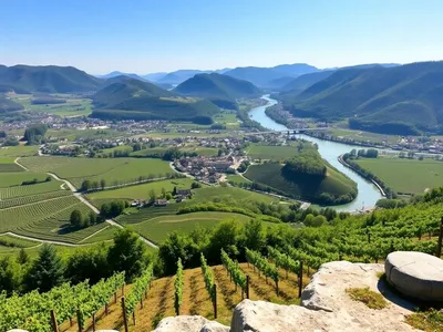 Scenic view of Wachau Valley with vineyards and river