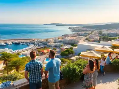 Beautiful coastal view of Paphos with families enjoying