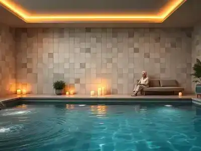 Spa relaxation scene with candles and water features.