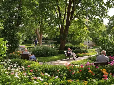 Elderly couples relaxing in a tranquil garden setting.