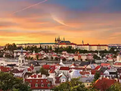 Scenic view of Prague&rsquo;s historic skyline at sunset.