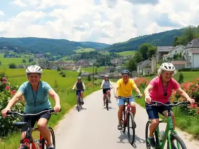 Seniors biking through scenic European landscapes and villages.