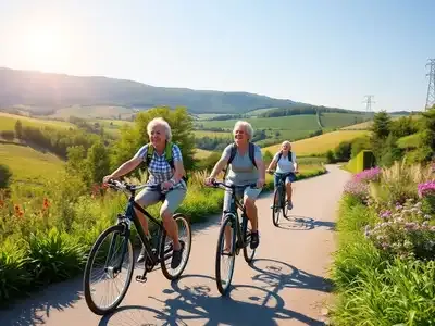 Seniors biking on a scenic European trail.