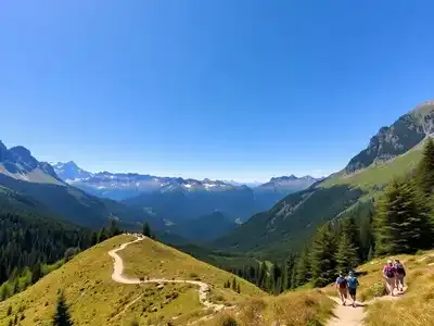 Hikers on a scenic European mountain trail in nature.