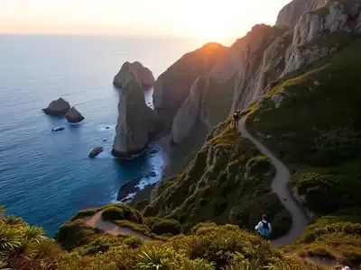 Hikers on a scenic coastal trail at sunset.