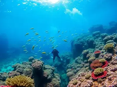 Underwater scene in Sardinia with colorful coral and fish.