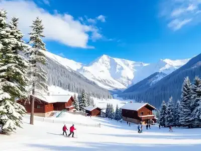 Snowy mountain landscape with skiers in Eastern Europe.