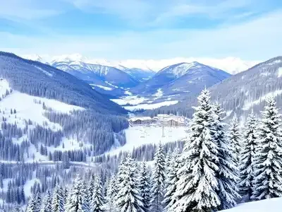 Snowy Balkan mountains and ski resort in winter.