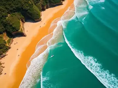 Surfers riding waves at Mundaka beach in Europe.