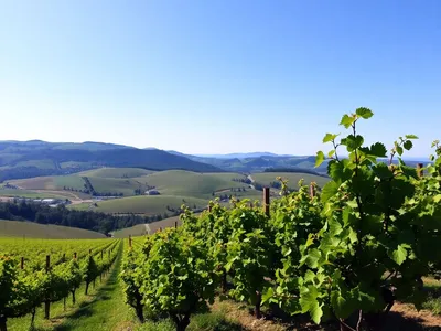 Scenic European vineyard landscape with lush grapevines.