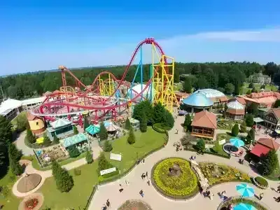 Aerial view of colorful rides at Europa-Park.