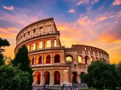 Colosseum at sunset with vibrant sky and visitors.