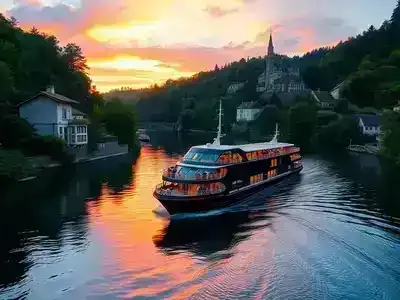 Luxurious river cruise boat on scenic European waterways.