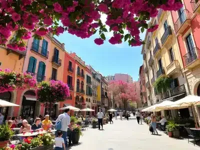 Barcelona street with blooming flowers and sunny skies.