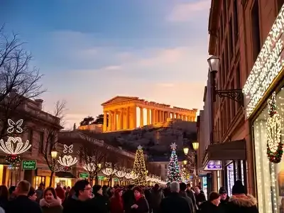 Festively lit Acropolis in Athens during December twilight.