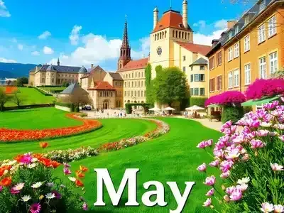 Scenic European landscape with blooming flowers and sunshine.