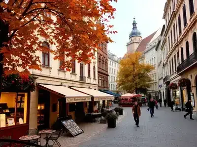 Charming European streets lined with autumn leaves in November.
