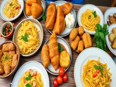 Colorful European dishes on a rustic wooden table.