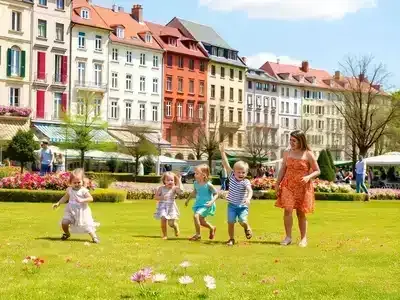 Family enjoying spring in a warm European city park.