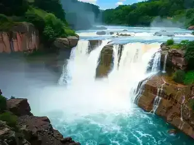 Powerful waterfall in Europe surrounded by lush greenery.
