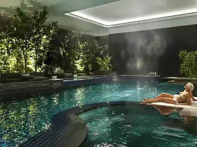 Spa scene with couples and families enjoying relaxation.