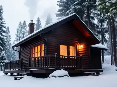 Cozy snowy cabin surrounded by pine trees in winter.