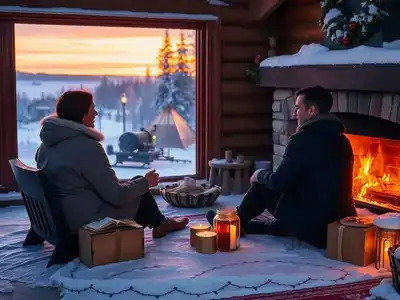 Couple enjoying a cozy evening in snowy Rovaniemi.