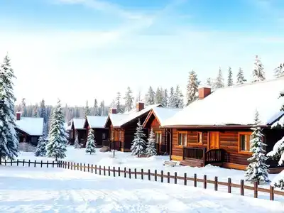 Snowy landscape of Rovaniemi with traditional wooden houses.