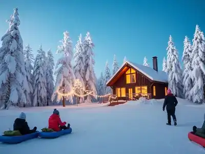 Winter landscape of Rovaniemi with cozy cabin and snow.