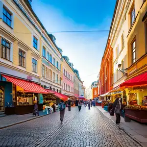 Colorful shops and happy shoppers in Helsinki.