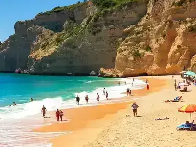 Beautiful beach in France with turquoise waters and umbrellas.