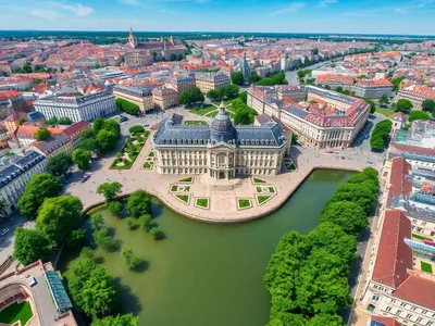 Aerial view of Bordeaux showcasing historic buildings and parks