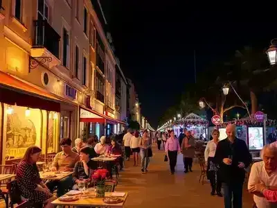 Couples and families enjoying nightlife in Nice&rsquo;s streets.