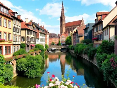 Strasbourg Cathedral with colorful buildings and canals.