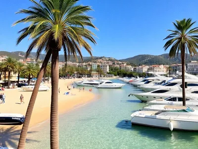 Saint-Tropez beach with yachts and palm trees.