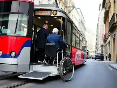 Accessible tram in a bustling French city street.