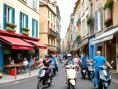 Tourists enjoying a lively street in France.