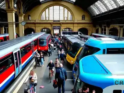 Busy French train station with travelers and transport options.