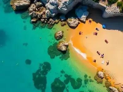 Aerial view of a beautiful beach in Greece.
