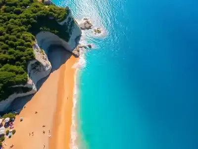 Aerial view of a beautiful Greek beach with turquoise water.