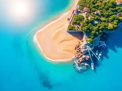 Aerial view of a beautiful Greek beach with turquoise water.