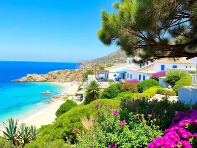 Scenic coastline of Crete with turquoise waters and greenery.