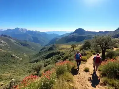 Hikers on a scenic trail in Greece&rsquo;s mountains.