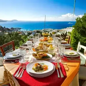 Delicious traditional Rhodes cuisine on a beautifully set table.