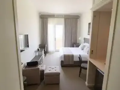 Accessible hotel room in Greece with modern furnishings.