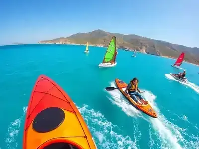 Vibrant water sports scene in Greece with turquoise waters.
