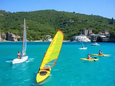People enjoying eco-friendly water sports in Greece.