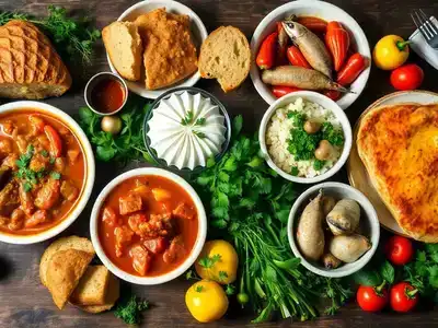 Traditional Irish dishes on a rustic wooden table.