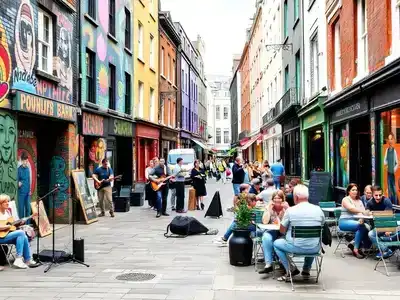 Colorful Dublin street with murals and lively performances.